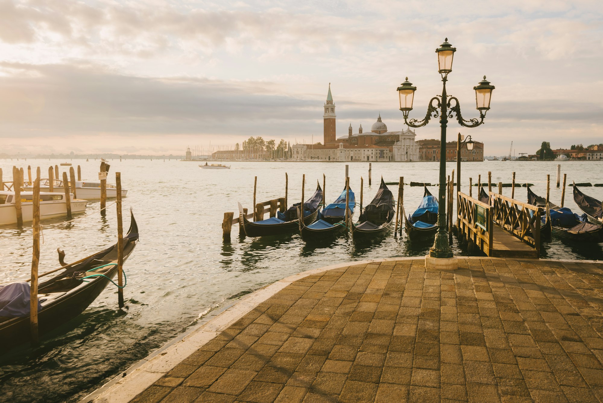 Gondolas in Grand Canal, San Giorgio Maggiore Island in background, Venice, Italy